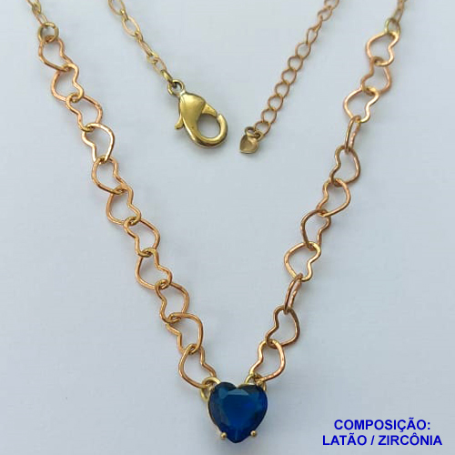 SHOCKER NO BRUTO PRONTO PARA BANHO - SHOCKER COM CORRENTE CORAÇÃO E PINGENTE EM ZIRCÔNIA CORAÇÃO AZUL 10MM COM BASE EM ALTA FUSÃO - TAMANHO: 40CM + EXTENSOR - PESO: 5,3GR -  BRU13730