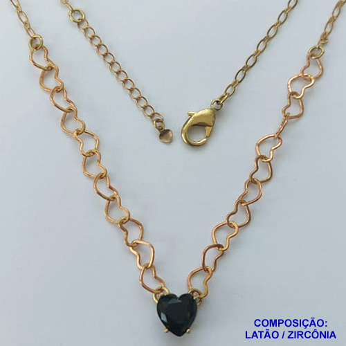 SHOCKER NO BRUTO PRONTO PARA BANHO - SHOCKER COM CORRENTE CORAÇÃO E PINGENTE EM ZIRCÔNIA CORAÇÃO PRETA 10MM COM BASE EM ALTA FUSÃO - TAMANHO: 40CM + EXTENSOR - PESO: 5,3GR -  BRU13732