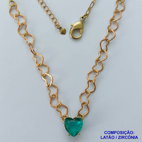 SHOCKER NO BRUTO PRONTO PARA BANHO - SHOCKER COM CORRENTE CORAÇÃO E PINGENTE EM ZIRCÔNIA CORAÇÃO VERDE 10MM COM BASE EM ALTA FUSÃO - TAMANHO: 40CM + EXTENSOR - PESO: 5,3GR -  BRU13733