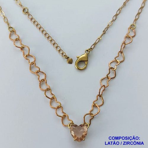 SHOCKER NO BRUTO PRONTO PARA BANHO - SHOCKER COM CORRENTE CORAÇÃO E PINGENTE EM ZIRCÔNIA CORAÇÃO BEGE 10MM COM BASE EM ALTA FUSÃO - TAMANHO: 40CM + EXTENSOR - PESO: 5,3GR -  BRU13734