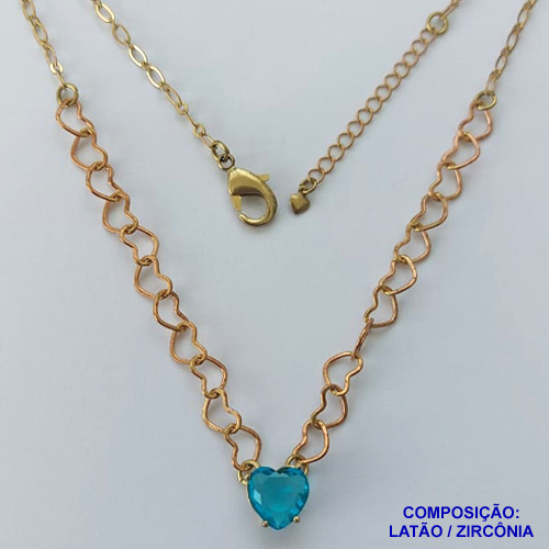 SHOCKER NO BRUTO PRONTO PARA BANHO - SHOCKER COM CORRENTE CORAÇÃO E PINGENTE EM ZIRCÔNIA CORAÇÃO AZUL 10MM COM BASE EM ALTA FUSÃO - TAMANHO: 40CM + EXTENSOR - PESO: 5,3GR -  BRU13735