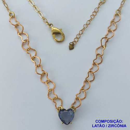 SHOCKER NO BRUTO PRONTO PARA BANHO - SHOCKER COM CORRENTE CORAÇÃO E PINGENTE EM ZIRCÔNIA CORAÇÃO ROXA 10MM COM BASE EM ALTA FUSÃO - TAMANHO: 40CM + EXTENSOR - PESO: 5,3GR -  BRU13736