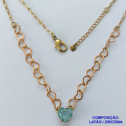 SHOCKER NO BRUTO PRONTO PARA BANHO - SHOCKER COM CORRENTE CORAÇÃO E PINGENTE EM ZIRCÔNIA CORAÇÃO AZUL CLARA 10MM COM BASE EM ALTA FUSÃO - TAMANHO: 40CM + EXTENSOR - PESO: 5,3GR -  BRU13737