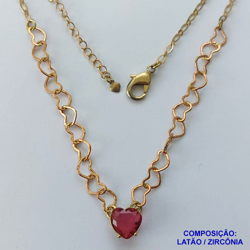 SHOCKER NO BRUTO PRONTO PARA BANHO - SHOCKER COM CORRENTE CORAÇÃO E PINGENTE EM ZIRCÔNIA CORAÇÃO VERMELHA 10MM COM BASE EM ALTA FUSÃO - TAMANHO: 40CM + EXTENSOR - PESO: 5,3GR -  BRU13738