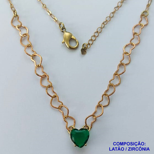 SHOCKER NO BRUTO PRONTO PARA BANHO - SHOCKER COM CORRENTE CORAÇÃO E PINGENTE EM ZIRCÔNIA CORAÇÃO VERDE ESCURA 10MM COM BASE EM ALTA FUSÃO - TAMANHO: 40CM + EXTENSOR - PESO: 5,3GR -  BRU13739