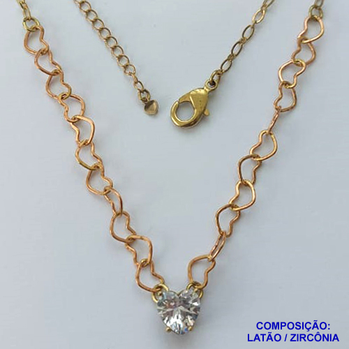 SHOCKER NO BRUTO PRONTO PARA BANHO - SHOCKER COM CORRENTE CORAÇÃO E PINGENTE EM ZIRCÔNIA CORAÇÃO CRISTAL 10MM COM BASE EM ALTA FUSÃO - TAMANHO: 40CM + EXTENSOR - PESO: 5,3GR -  BRU13740