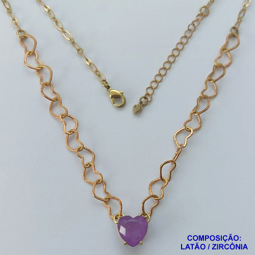 SHOCKER NO BRUTO PRONTO PARA BANHO - SHOCKER COM CORRENTE CORAÇÃO E PINGENTE EM ZIRCÔNIA CORAÇÃO LILÁS 10MM COM BASE EM ALTA FUSÃO - TAMANHO: 40CM + EXTENSOR - PESO: 5,3GR -  BRU13741