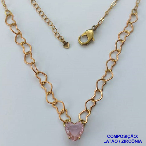 SHOCKER NO BRUTO PRONTO PARA BANHO - SHOCKER COM CORRENTE CORAÇÃO E PINGENTE EM ZIRCÔNIA CORAÇÃO ROSA 10MM COM BASE EM ALTA FUSÃO - TAMANHO: 40CM + EXTENSOR - PESO: 5,3GR -  BRU13742