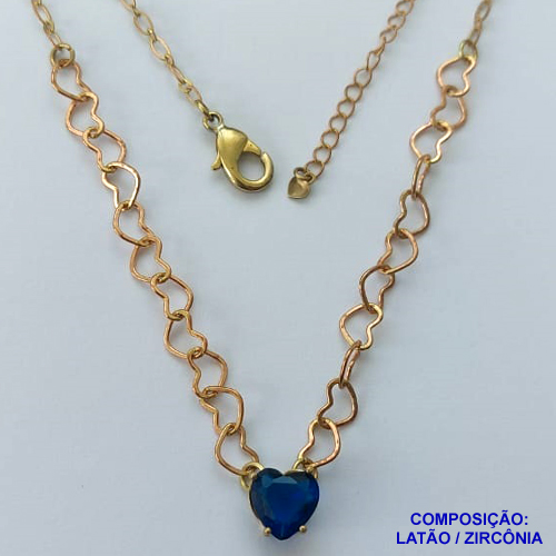 SHOCKER NO BRUTO PRONTO PARA BANHO - SHOCKER COM CORRENTE CORAÇÃO E PINGENTE EM ZIRCÔNIA CORAÇÃO AZUL ESCURA 10MM COM BASE EM ALTA FUSÃO - TAMANHO: 40CM + EXTENSOR - PESO: 5,3GR -  BRU13743