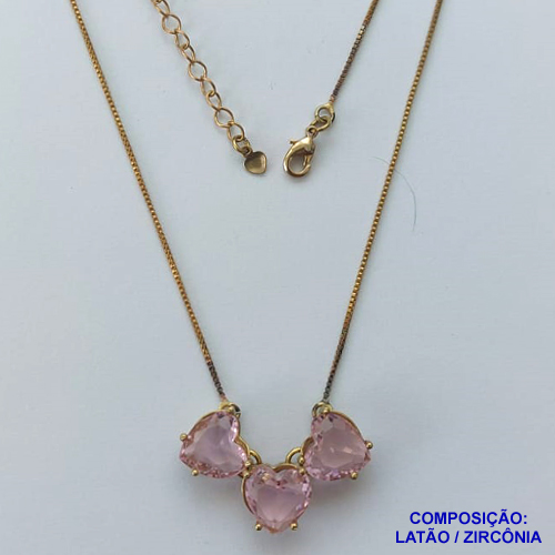 GARGANTILHA NO BRUTO PRONTO PARA BANHO - GARGATILHA COM CORRENTE VENEZIANA E PINGENTES CORAÇÕES EM ZIRCÔNIAS ROSAS 10MM COM BASE EM ALTA FUSÃO - TAMANHO: 45CM + EXTENSOR - PESO: 6,7GR -  BRU13750