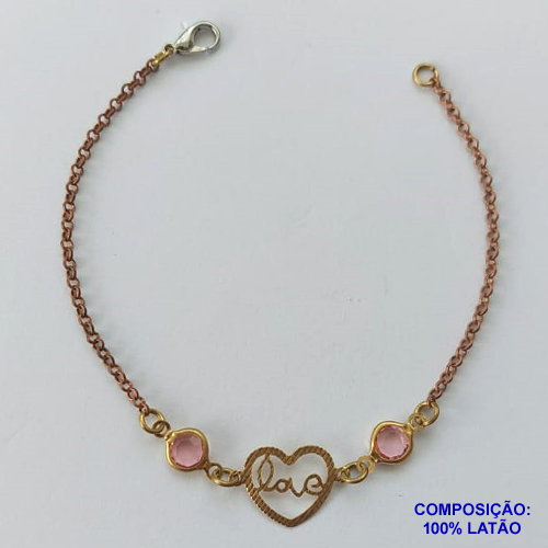 PULSEIRA NO BRUTO PRONTO PARA O BANHO -  (CX.49) PULSEIRA COM PINGENTE CORAÇÃO COM PALAVRA LOVE 18CM - PESO 2,1GR - BRU13773