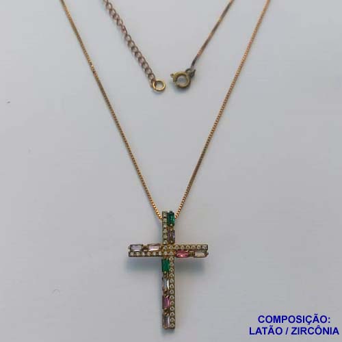 GARGANTILHA NO BRUTO PRONTO PARA O BANHO(CX99) - CORRENTE VENEZIANA DE 45CM - PINGENTE CRUCIFIXO CRAVEJADO COM ZIRCÔNIAS COLORIDAS 24X35MM - PESO TOTAL 4,2GR - BRU13776