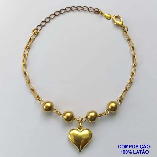 PULSEIRA NO BRUTO PRONTO PARA O BANHO - (CX.50)  PULSEIRA FEMININA COM BOLAS DE 7MM E PENDURICALHO DE CORAÇÃO - TAMANHO: 18CM+ EXTENSOR - PESO:5,4GR - BRU13783