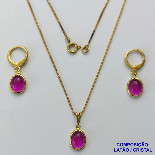 CONJUNTO NO BRUTO PRONTO PARA O BANHO(CX99) - COM CORRENTE VENEZIANA DE 45CM - BRINCO COM ARGOLINHA DE PRESSÃO E PINGENTE CRISTAL LEITOSO - PESO 3.6GR - BRU13786