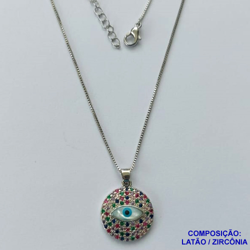 GARGANTILHA NO BRUTO PRONTO PARA BANHO(CX103) - CORRENTE CADEADO 45CM + EXTENSOR COM PINGENTE OLHO GREGO CRAVEJADO EM MICROS ZIRCÔNIAS 18MM - BRU13788