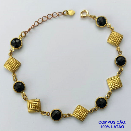 PULSEIRA NO BRUTO PRONTO PARA BANHO(CX98) - PULSEIRA COM CRISTAIS NEGROS E PENDURICALHOS 18CM + EXTENSOR - PESO: 6,7GR - BRU13789