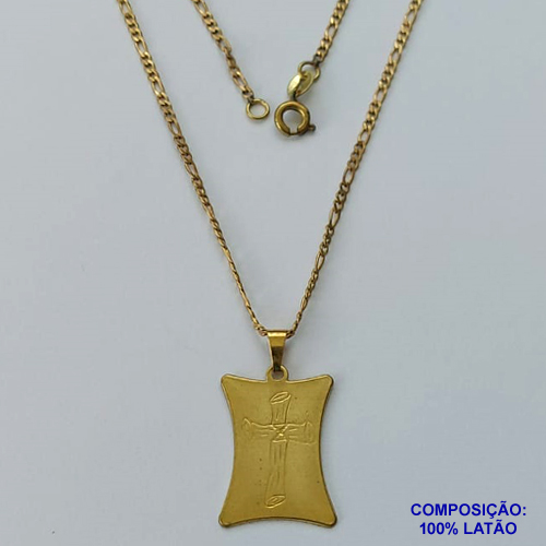 GARGANTILHA NO BRUTO PRONTO PARA O BANHO - (CX.46)  CORRENTE 3X1 ELO BATIDO 45CM + EXTENSOR (031) PLACA COM CRUZ 23MM - LARGURA CORRENTE 2MM  - PESO 4,8GR - BRU13793