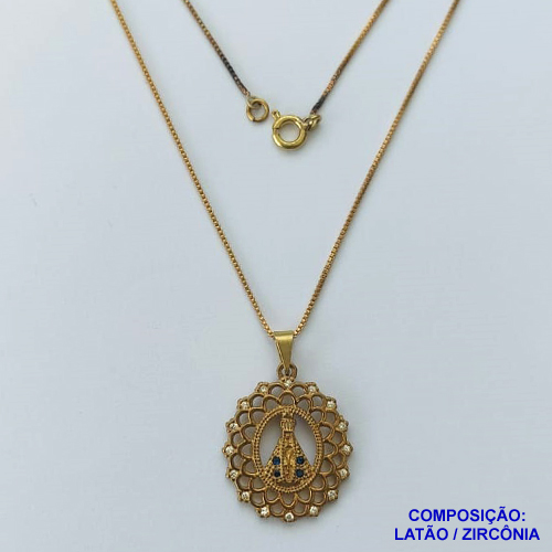 GARGANTILHA NO BRUTO PRONTA PARA O BANHO(CX110) - CORRENTE VENEZIANA 45CM+EXTENSOR - PINGENTE EM ALTA FUSÃO NOSSA SRA APARECIDA CRAVEJADO EM MICROS ZIRCÔNIAS 20MM - PESO TOTAL 4,5GR - BRU13794