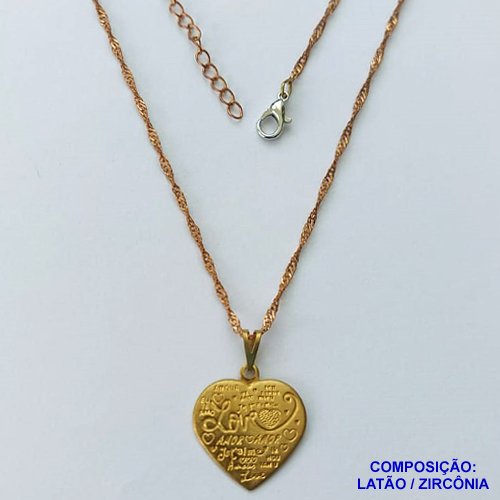 GARGANTILHA NO BRUTO PRONTA PARA O BANHO - (CX.14)  CORRENTE  SINGAPURA 45CM COM FECHO LAGOSTA - PINGENTE DE FRASES DE AMOR 20MM (CAROL) - PESO TOTAL 2.7GR - BRU13796
