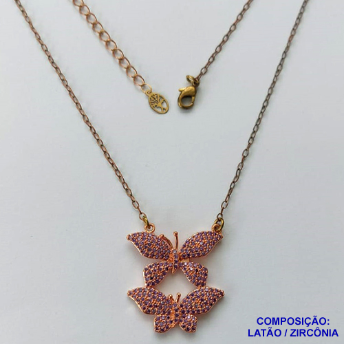 GARGANTILHA NO BRUTO PRONTA PARA O BANHO(CX98) - GARGANTILHA COM CORRENTE CADEADO 45CM+EXTENSOR E PINGENTE BORBOLETAS CRAVEJADAS EM MICROS ZIRCÔNIAS 25MM - COMPOSIÇÃO: LATÃO / ZIRCÔNIA - PESO 6.9GR - BRU13801