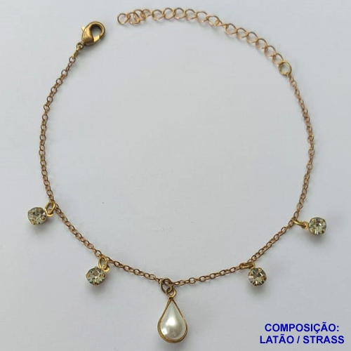 PULSEIRA NO BRUTO PRONTA PARA O BANHO - PULSEIRA COM PÉROLAS FORMATO GOTA E STRASS - TAMANHO 18CM + EXTENSOR - PESO 1,8GR E FECHO LAGOSTA - BRU13803