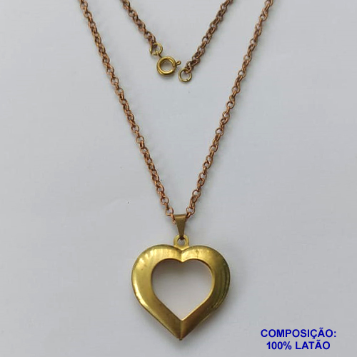 GARGANTILHA NO BRUTO PRONTA PARA O BANHO(CX98) - CORRENTE ELO PORTUGUÊS 45CM (303) PINGENTE CORAÇÃO DUPLO VAZADO 25X27MM - PESO 6,3GR - BRU13806