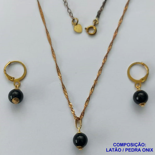 CONJUNTO NO BRUTO PRONTO PARA O BANHO(CX99) - CORRENTE SINGAPURA 45CM + EXTENSOR - PINGENTE PEDRA NATURAL ONIX 8MM - COM BRINCO ARGOLINHA DE PRESSÃO (TRANQUETA) - PESO TOTAL 5.6GR - BRU13808