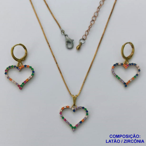CONJUNTO NO BRUTO PRONTO PARA O BANHO (CX103)- CORRENTE VENEZIANA 45CM + EXTENSOR - BRINCOS ARGOLINHAS DE PRESSÃO (TRANQUETA) PINGENTES CORAÇÃO VAZADO CRAVEJADO EM MICROS ZIRCÔNIAS COLORIDAS 17MM - PESO TOTAL 5.4GR - BRU13814