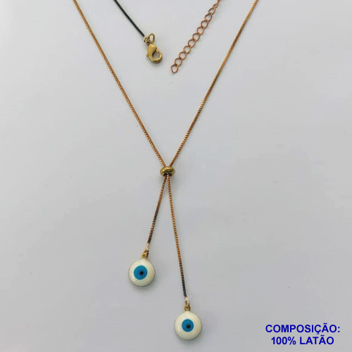 GARGANTILHA NO BRUTO PRONTO PARA O BANHO - COM CORRENTE VENEZIANA DE 45CM + EXTENSOR - " TIPO GRAVATINHA " AJUSTÁVEL - COM DOIS PINGENTES OLHOS GREGOS 10MM - PESO TOTAL 3,2GR - BRU13815