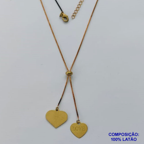 GARGANTILHA NO BRUTO PRONTO PARA O BANHO - (CX.46)  COM CORRENTE VENEZIANA DE 45CM + EXTENSOR - " TIPO GRAVATINHA " AJUSTÁVEL - COM CORAÇÕES E PALAVRA LOVE 16MM - PESO TOTAL 3,6GR - BRU13816