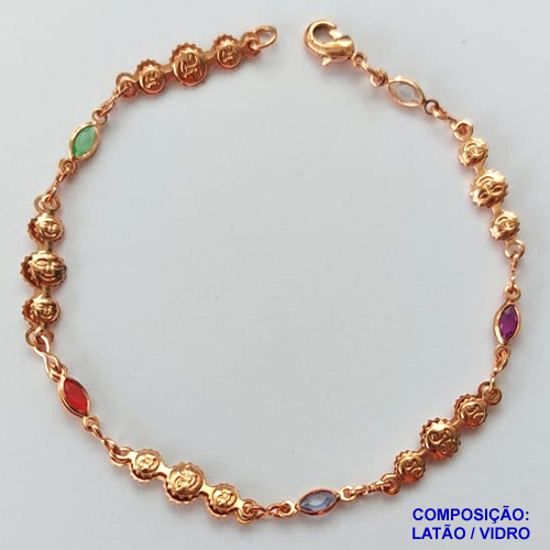 PULSEIRA NO BRUTO PRONTO PARA O BANHO(CX98) - PULSEIRA FEMININA COM SOL E CRISTAIS COLORIDOS - FECHO LAGOSTA - TAMANHO 17CM - PESO 2,9GR - BRU13830