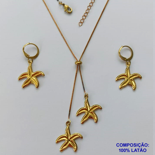 CONJUNTO NO BRUTO PRONTO PARA O BANHO(CX98) - COM CORRENTE VENEZIANA DE 45CM + EXTENSOR - " TIPO GRAVATINHA " AJUSTÁVEL COM ESTRELA DO MAR - PESO TOTAL 5,7GR - BRU13836