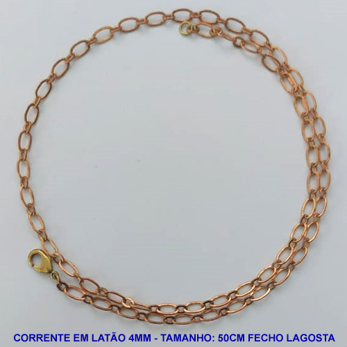 CORRENTE NO BRUTO PRONTO PARA O BANHO - CORRENTE EM LATÃO - TAMANHO 50CM - LARGURA 4MM - FECHO LAGOSTA - PESO 6,7GR - COMPOSIÇÃO: 100% LATÃO - BRU13838