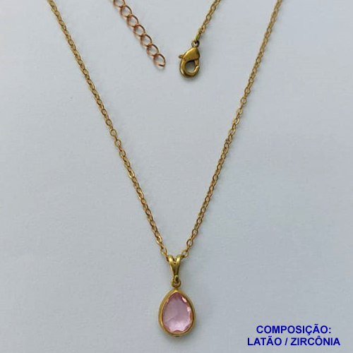GARGANTILHA NO BRUTO PRONTO PARA O BANHO - CORRENTE 45CM + EXTENSOR COM PINGENTE EM ZIRCÔNIA ROSA 8X10MM - PESO TOTAL 2,4GR - BRU13848