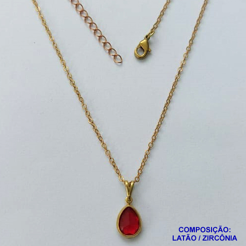 GARGANTILHA NO BRUTO PRONTO PARA O BANHO - CORRENTE 45CM + EXTENSOR COM PINGENTE EM ZIRCÔNIA VERMELHA 8X10MM - PESO TOTAL 2,4GR - BRU13849