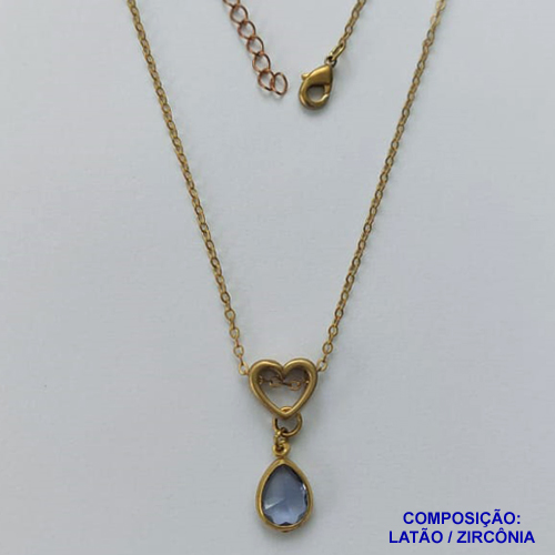 GARGANTILHA NO BRUTO PRONTO PARA O BANHO - CORRENTE 45CM + EXTENSOR COM PINGENTE CORAÇÃO VAZADO E ZIRCÔNIA LILÁS 8X10MM - PESO TOTAL 2,8GR - BRU13852