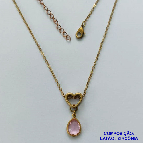 GARGANTILHA NO BRUTO PRONTO PARA O BANHO - CORRENTE 45CM + EXTENSOR COM PINGENTE CORAÇÃO VAZADO E ZIRCÔNIA ROSA 8X10MM - PESO TOTAL 2,8GR - BRU13853