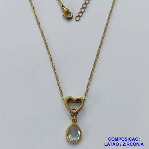 GARGANTILHA NO BRUTO PRONTO PARA O BANHO - CORRENTE 45CM + EXTENSOR COM PINGENTE CORAÇÃO VAZADO E ZIRCÔNIA CRISTAL 8X10MM - PESO TOTAL 2,8GR - BRU13854