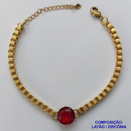 PULSEIRA NO BRUTO PRONTO PARA O BANHO - PULSEIRA QUADRADINHA 4MM - TAMANHO: 18CM + EXTENSOR COM PINGENTE EM ZIRCÔNIA REDONDA VERMELHA 12MM - PESO TOTAL 10,5GR - BRU13855