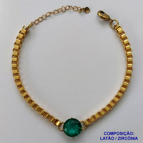 PULSEIRA NO BRUTO PRONTO PARA O BANHO - PULSEIRA QUADRADINHA 4MM - TAMANHO: 18CM + EXTENSOR COM PINGENTE EM ZIRCÔNIA REDONDA VERDE 12MM - PESO TOTAL 10,5GR - BRU13857