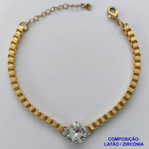 PULSEIRA NO BRUTO PRONTO PARA O BANHO - PULSEIRA QUADRADINHA 4MM - TAMANHO: 18CM + EXTENSOR COM PINGENTE EM ZIRCÔNIA REDONDA CRISTAL 12MM - PESO TOTAL 10,5GR - BRU13858