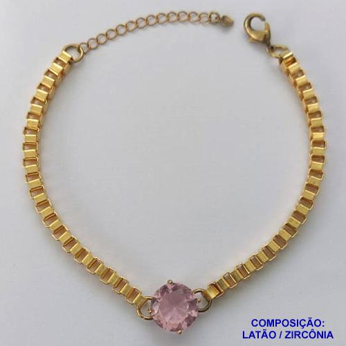 PULSEIRA NO BRUTO PRONTO PARA O BANHO - PULSEIRA QUADRADINHA 4MM - TAMANHO: 18CM + EXTENSOR COM PINGENTE EM ZIRCÔNIA REDONDA ROSA 12MM - PESO TOTAL 10,5GR - BRU13859