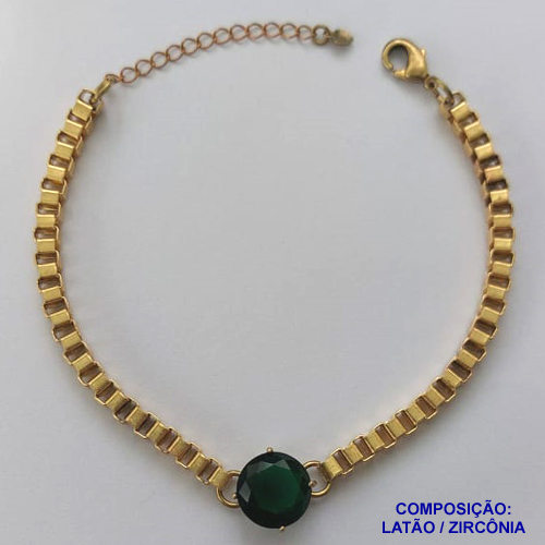 PULSEIRA NO BRUTO PRONTO PARA O BANHO - PULSEIRA QUADRADINHA 4MM - TAMANHO: 18CM + EXTENSOR COM PINGENTE EM ZIRCÔNIA REDONDA VERDE ESCURA 12MM - PESO TOTAL 10,5GR - BRU13860