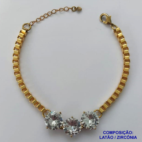 PULSEIRA NO BRUTO PRONTO PARA O BANHO - PULSEIRA QUADRADINHA 4MM - TAMANHO: 18CM + EXTENSOR COM 3 PINGENTES EM ZIRCÔNIAS REDONDAS CRISTAIS 12MM - PESO TOTAL 14,5GR - BRU13863