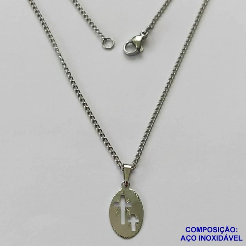 GARGANTILHA EM AÇO INOXIDÁVEL (CX99)-  GARGANTILHA 50CM(AÇO01) COM PINGENTE OVAL CRUCIFIXO 9X16MM - COMPOSIÇÃO: AÇO INOXIDÁVEL - AÇO1616