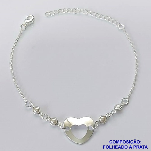 PULSEIRA FOLHEADO A PRATA COM 50 MILÉSIMOS + VERNIZ DIAMOND - PULSEIRA CORAÇÃO VAZADO COM PÉROLAS 17CM  - PRA090