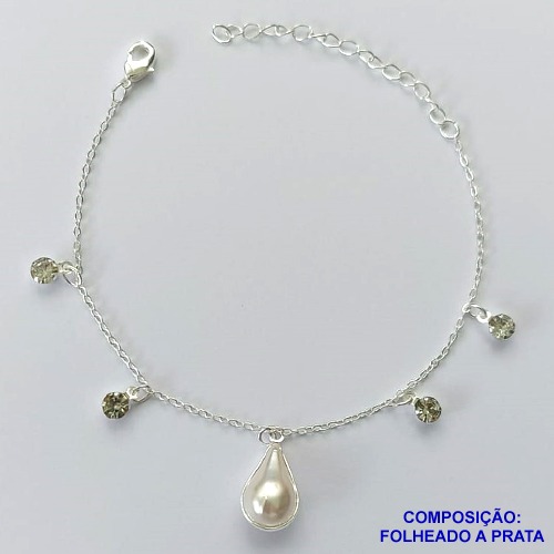 PULSEIRA FOLHEADO A PRATA COM 50 MILÉSIMOS + VERNIZ DIAMOND - PULSEIRA 17CM STRASS E GOTA FORMATO GOTA + EXTENSOR FECHO LAGOSTA   - PRA091