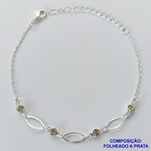 PULSEIRA FOLHEADO A PRATA COM 50 MILÉSIMOS + VERNIZ DIAMOND - PULSEIRA 17CM STRASS E DETALHES VAZADOS + EXTENSOR FECHO LAGOSTA   - PRA092