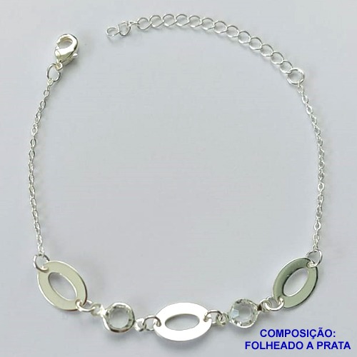 PULSEIRA FOLHEADO A PRATA COM 50 MILÉSIMOS + VERNIZ DIAMOND - PULSEIRA 17CM PEDRA CRISTAL E DETALHES VAZADOS + EXTENSOR FECHO LAGOSTA   - PRA093