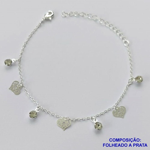 PULSEIRA FOLHEADO A PRATA COM 50 MILÉSIMOS + VERNIZ DIAMOND - PULSEIRA 17CM STRASS E CORAÇÕES DESENHADOS + EXTENSOR FECHO LAGOSTA   - PRA094